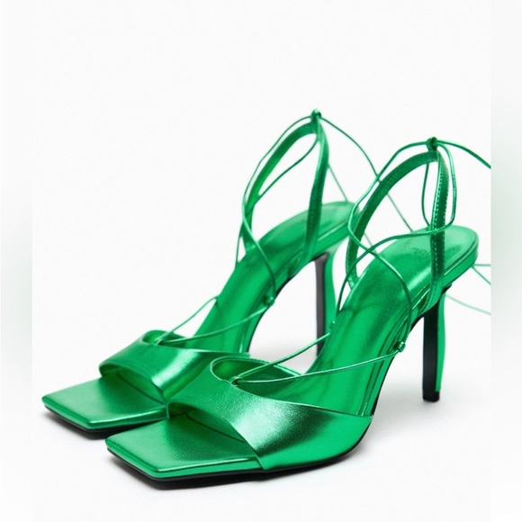ZARA METALLIC LACE UP 100% LEATHER SANDALS - Picture 4 of 11